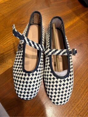 J. Crew Navy and White Woven Mary Jane Flats. Comes in the original box. Unworn